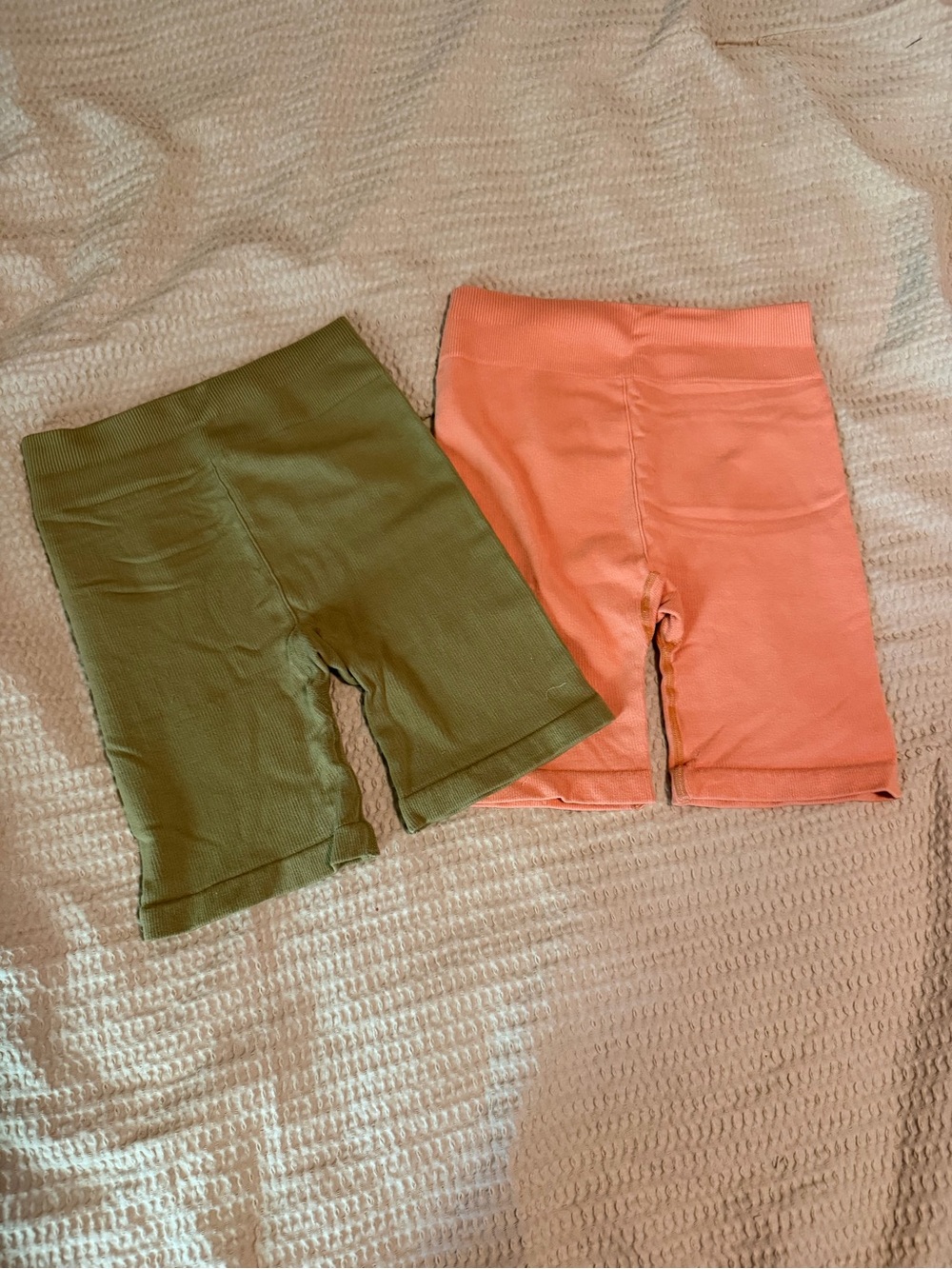 Fabletics Olive Green and Coral/orange High-Rise Bike Shorts (both)